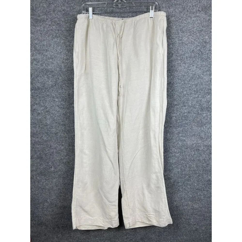 H&M Linen Blend Strech Palazzo Pants, Drawstring Size Large Off White Boho Lagon